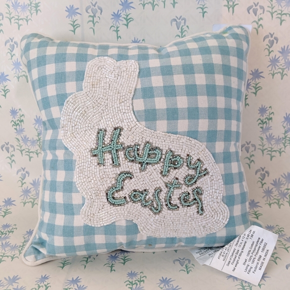 Bella Lux Beaded Blue White Gingham Happy Easter Bunny Pillow 12" - Picture 1 of 4
